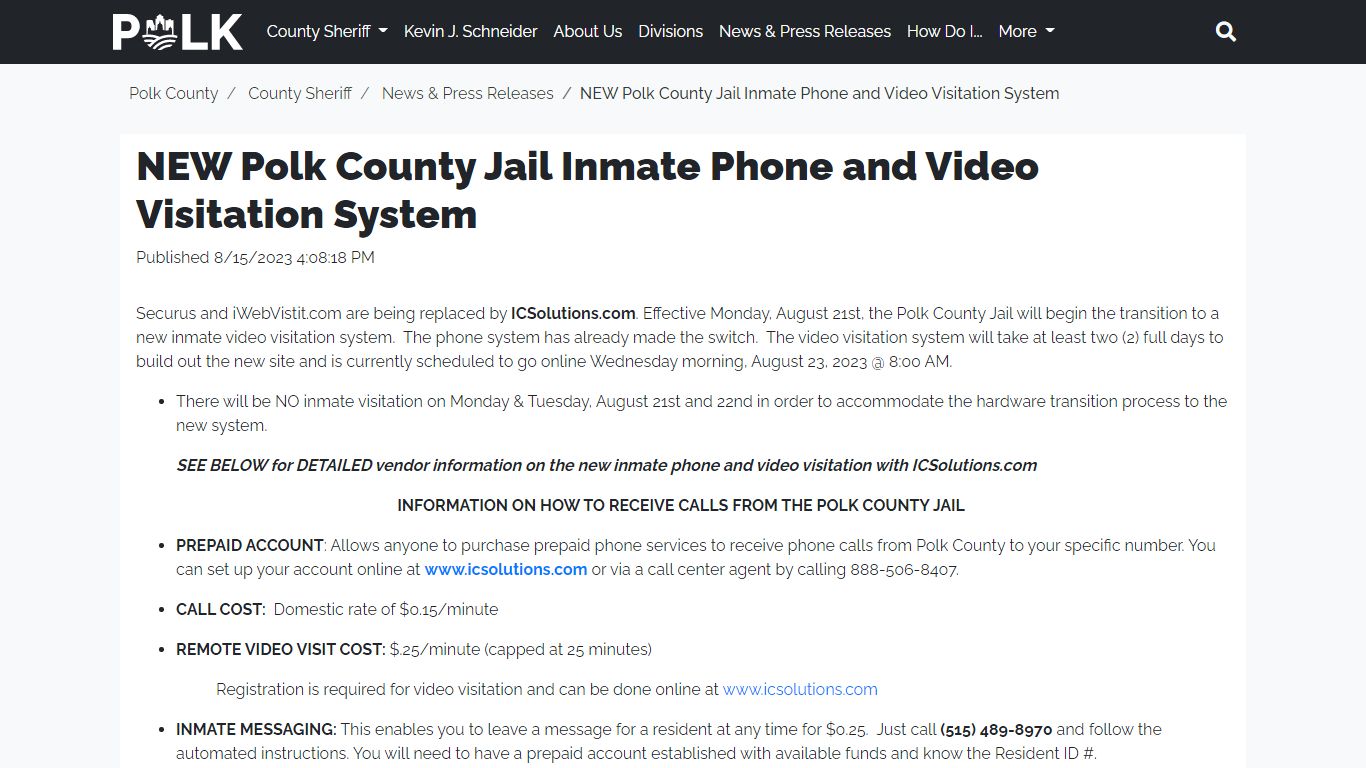 NEW Polk County Jail Inmate Phone and Video Visitation System